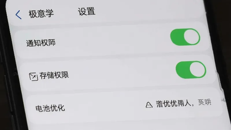 手机屏幕展示“极意学”设置页面，包含通知权限、存储权限、电池优化等开关选项，其中通知和存储权限已开启显示绿色，电池优化选项旁有提示文字，界面布局清晰，风格简洁，画质干净