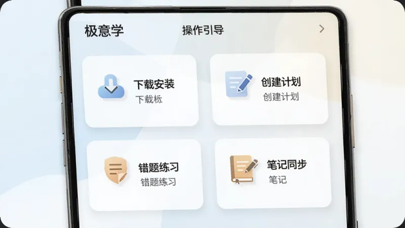 手机屏幕展示“极意学”操作引导页，分步骤展示“下载安装”“创建计划”“错题练习”“笔记同步”四个图文说明卡片，每张卡片配有简单图标和文字描述，背景为浅色渐变，风格统一，画质清晰无杂乱