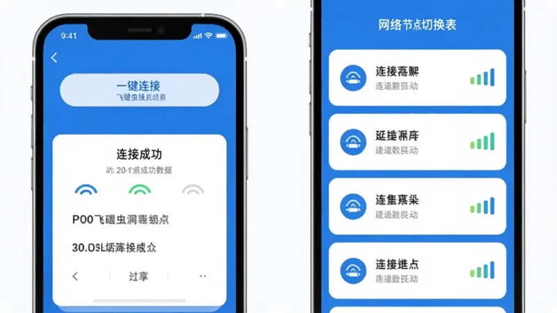 飞碟虫洞功能展示图,画面分为左右两部分,左侧是手机界面显示“一键连接”按钮和连接成功后的延迟数据面板,右侧是网络节点切换列表,每个节点旁边有信号强度图标,整体用蓝白配色,风格科技感扁平化,文字清晰,画质干净无多余元素