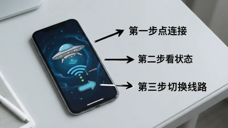 飞碟虫洞操作步骤示意图,画面中一部手机放在桌面上,屏幕显示飞碟虫洞的连接界面,旁边有箭头标注“第一步点连接”“第二步看状态”“第三步切换线路”,背景是浅灰色桌面,风格简洁教程风,文字清晰,画质干净无多余元素
