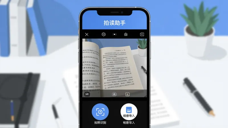 拍读助手App主界面展示，手机屏幕中央显示相机取景框对准一页书本文字，下方有“拍照识别”和“相册导入”两个圆形按钮，界面以蓝白色调为主，顶部有“拍读助手”文字标识，背景是简约的书桌场景，风格现代扁平，细节清晰，画质干净无多余元素。