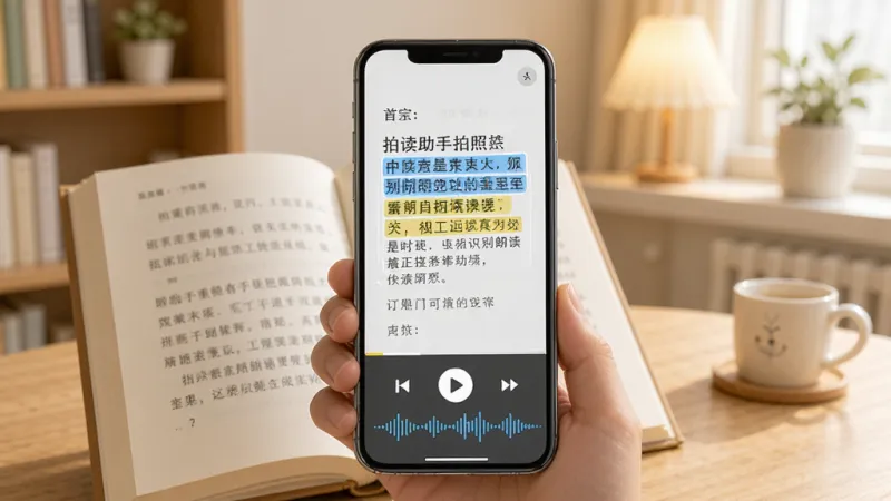 拍读助手拍照识别朗读功能展示，画面中手机正在拍摄一本打开的书，屏幕上识别出的文字以高亮框显示，下方出现播放控制条和波形动画，背景是温馨的阅读角，风格简洁明快，画质干净无多余元素。