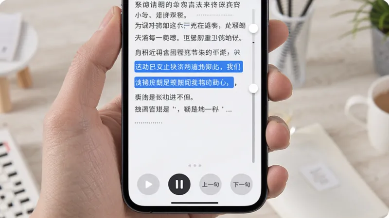 拍读助手实时朗读界面，手机屏幕显示一段文字内容，当前朗读的句子以蓝色背景高亮，底部有播放、暂停、上一句、下一句按钮，右侧有语速调节滑块，整体布局清晰，风格现代，画质干净无多余元素。