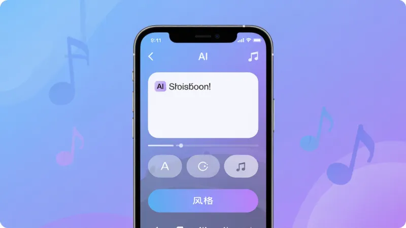 AI写歌一键成曲 软件主界面展示，画面中央是一部智能手机，屏幕显示着简洁的AI音乐创作界面，有输入歌词的文本框和风格选择按钮，背景是柔和的蓝紫色渐变，风格现代扁平，细节圆润，画质干净清晰，无多余元素