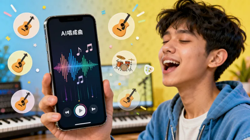 AI写歌一键成曲 哼唱识别功能界面，画面中一个年轻人对着手机哼唱，手机屏幕显示声波转化为音符的可视化效果，周围环绕着乐器图标，风格活泼明亮，画质清晰，无多余元素