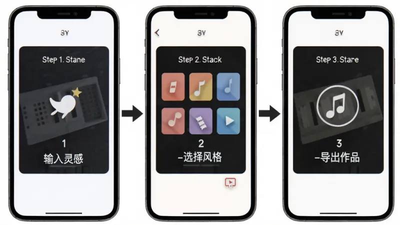 AI写歌一键成曲 新手操作流程图，画面以手机屏幕形式展示三个步骤：1.输入灵感 2.选择风格 3.导出作品，步骤之间用箭头连接，风格简洁直观，画质清晰，无多余元素