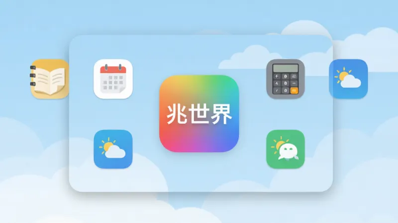 兆世界应用主界面全貌展示,一个清爽的现代化手机桌面悬浮窗,界面中间是“兆世界”的彩色渐变图标,周围环绕着记事本、日程表、计算器、天气等小工具图标,背景是淡蓝色的天空与云朵,整体风格简约扁平,画质干净,无多余元素