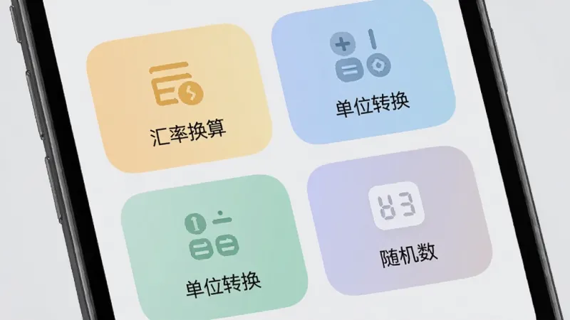兆世界内置工具箱界面展示,手机屏幕分成几个小格子,分别显示“汇率换算”、“单位转换”、“随机数”图标,格子是圆角矩形,颜色柔和,背景是浅灰色,界面布局紧凑,风格现代,画质干净,无多余元素