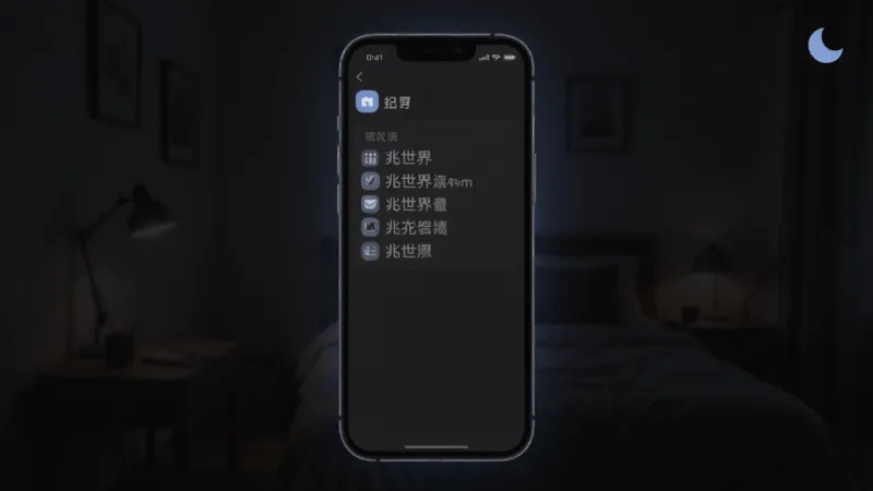 兆世界深色模式界面展示,手机屏幕显示深灰色背景的记事页面,文字为浅灰色,图标为柔和的蓝色,屏幕右上角有一个月亮图标,背景是昏暗的房间,手机屏幕发光,画质清晰,无多余元素