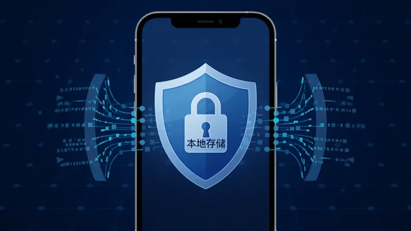 兆世界隐私保护概念图,手机屏幕中央显示一个盾牌形状的锁图标,锁上写着“本地存储”,盾牌周围有数据流线条被阻挡在外,背景是深蓝色科技感网格,风格简洁,画质干净,无多余元素