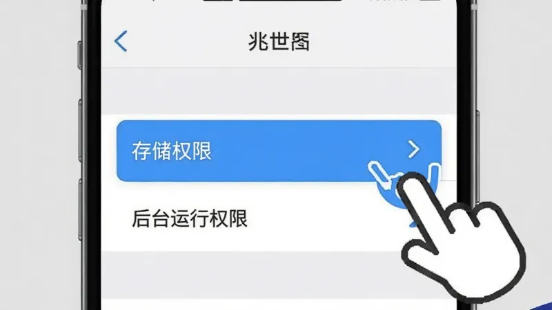 兆世界安装权限设置示意图,手机屏幕显示设置菜单,高亮标注“存储权限”和“后台运行权限”选项,旁边有一个手指点击的图标,背景是浅灰色,界面风格简洁,画质清晰,无多余元素