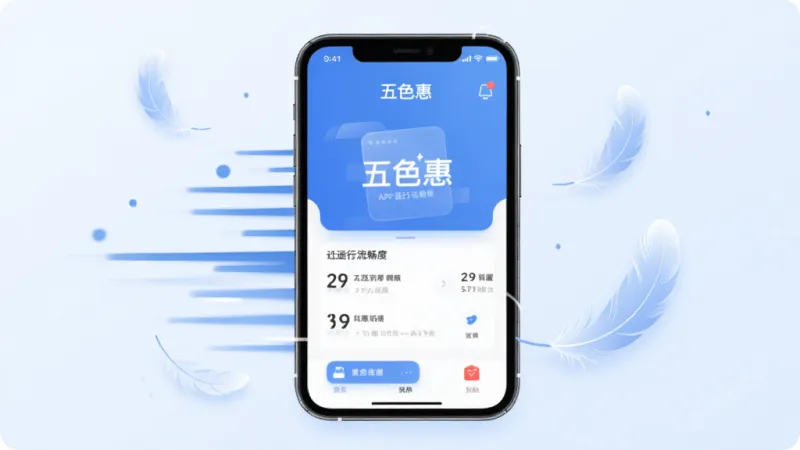 一张展示“五色惠”APP运行流畅度的概念插画,画面中一部手机屏幕显示APP界面,周围有代表速度的线条和代表轻量的羽毛元素,背景是淡蓝色,风格清新简洁,画质干净,无多余元素