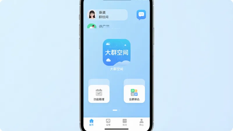 大群空间软件主界面展示,手机屏幕中央显示“大群空间”应用图标和名称,背景是淡蓝色渐变,界面布局简洁,顶部有群组列表和消息气泡图标,中间是功能入口按钮,底部导航栏清晰,风格现代扁平化,画质干净明亮,无多余元素