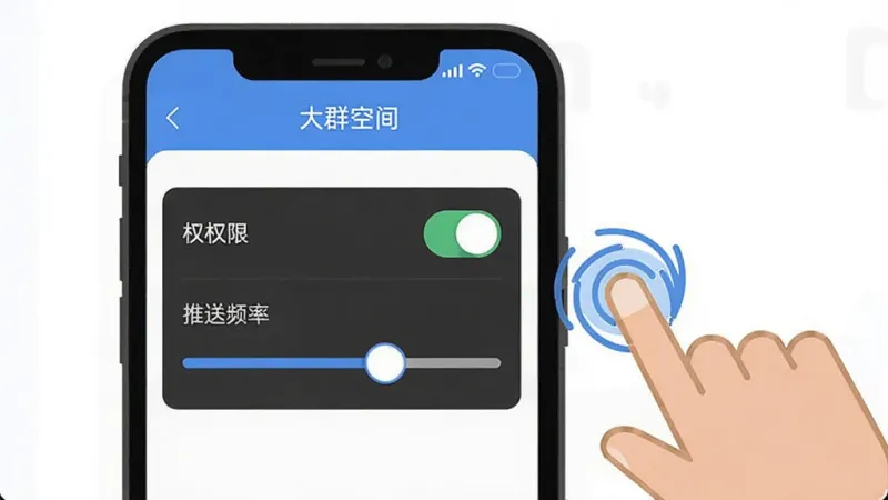 大群空间操作教程示意图,手机屏幕显示“大群空间”的设置页面,权限开关和推送频率滑块清晰可见,旁边有手指点击的示意动画,背景干净白色,风格扁平化教学插图,画质清晰无多余元素