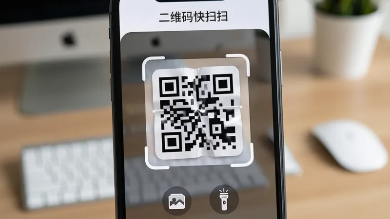 一张手机屏幕特写，屏幕中央显示“二维码快扫扫”APP的扫码界面，取景框正对着一张略有折痕和反光的二维码，界面顶部有简洁的“二维码快扫扫”文字标识，底部有相册和手电筒图标，背景是虚化的桌面，风格现代扁平，细节圆润，画质清晰干净，无多余元素