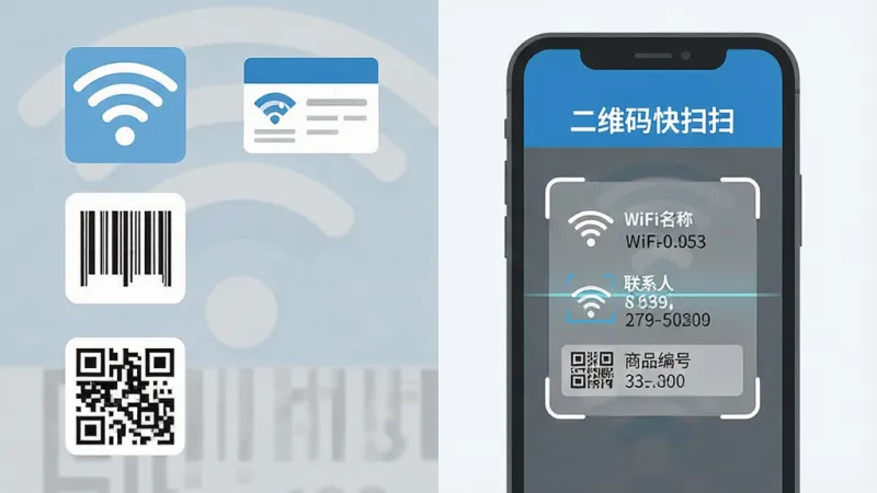 一张信息图风格图片，画面左侧排列着WiFi图标、名片图标、条形码、二维码四个小图标，右侧是一部手机显示“二维码快扫扫”的扫描结果页面，页面中同时展示出WiFi名称和密码、联系人信息、商品编号等不同格式内容，风格统一为扁平化，配色以蓝白灰为主，画质清晰，排版整齐