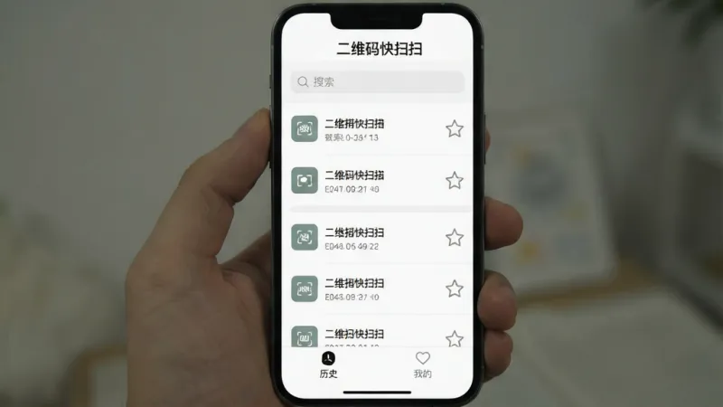 一张手机界面截图风格图片，展示“二维码快扫扫”的历史记录页面，列表中有多条扫描记录，每条记录左侧有类型小图标，右侧有收藏星标，顶部有搜索框，底部导航栏有“历史”“收藏”“我的”三个选项，界面以白色和浅灰色为主，文字为深灰色，风格简洁干净，画质清晰无多余元素