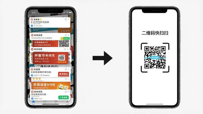 一张对比示意图，左侧是一个杂乱布满广告弹窗的手机屏幕，右侧是一个干净整洁只显示“二维码快扫扫”扫描界面的手机屏幕，中间有一个向右的箭头，背景为纯色，风格极简对比，画质干净，无多余装饰