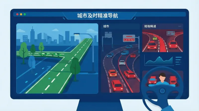 及时精准导航 实时路况 城市道路 绿色畅通 红色拥堵 数据面板 科技感 蓝色调 扁平化插画 清晰 无杂乱元素