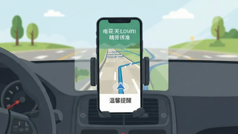 及时精准导航 手机支架 车内视角 导航界面 路线指引 安全驾驶 温馨提醒 扁平化插画 干净 无多余元素