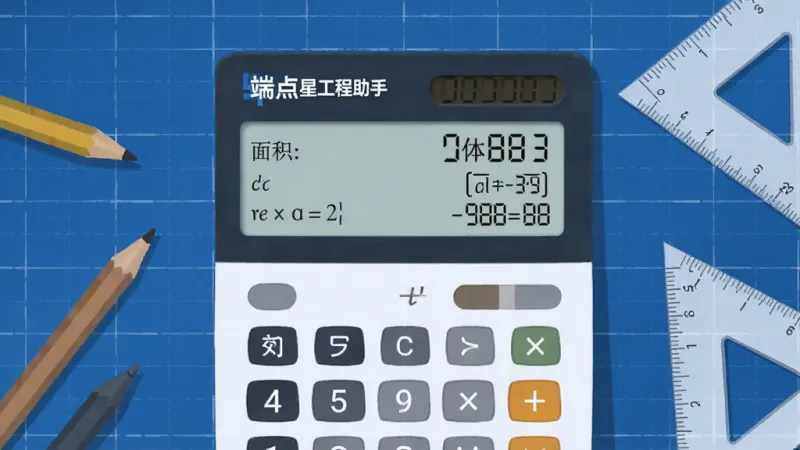 一张AI生成的图片,画面主体是一个虚拟的工程计算器界面,上面显示着端点星工程助手的名称,背景是蓝图风格的网格线,计算器屏幕上显示着面积和体积的计算公式与结果,周围散落着铅笔和三角尺,整体风格是扁平化科技感,画质干净无多余元素