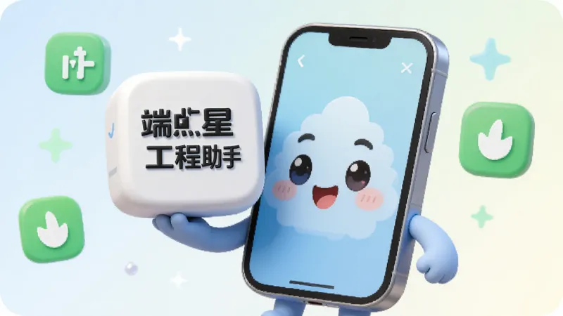 一张AI生成的图片,画面用拟人化的方式表现端点星工程助手App的轻量特性,一个可爱的手机形象轻松地托着一个写有端点星工程助手的小方块,周围有表示内存和电量的绿色图标,背景是柔和的浅色渐变,风格活泼但不过度卡通,画质干净无多余元素