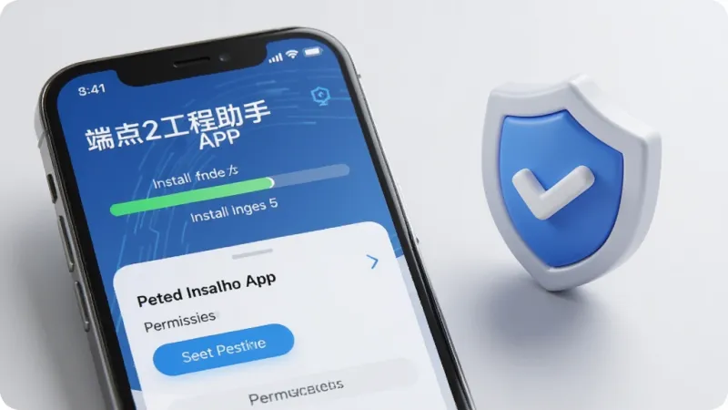 一张AI生成的图片,画面展示一部手机正在安装端点星工程助手App,屏幕上显示安装进度条和权限设置界面,旁边有一个卡通风格的盾牌图标表示安全提示,背景是简洁的浅灰色,风格写实带一点科技感,画质清晰干净