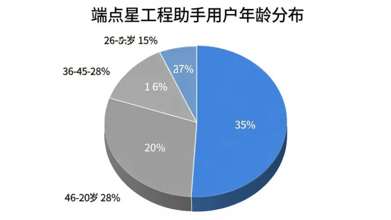 一张AI生成的饼状图,标题为「端点星工程助手用户年龄分布」,图表显示18-25岁占比20%,26-35岁占比35%,36-45岁占比28%,46-60岁占比17%,配色以蓝色和灰色为主,风格简洁商务,画质干净无多余元素