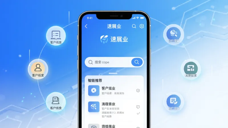 手机屏幕展示“速展业”应用主界面，界面中央是醒目的搜索框和智能推荐列表，周围环绕着代表客户线索的发光图标，背景是科技感蓝白渐变，扁平化设计风格，布局清晰，细节精致，画质干净，无多余元素