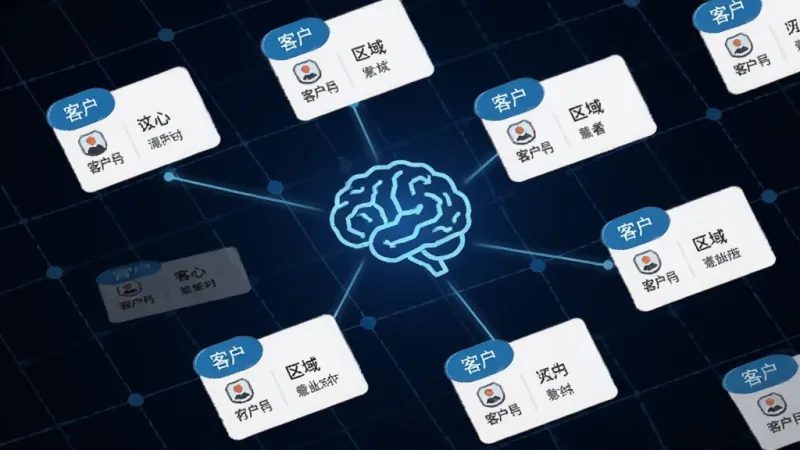 一个发光的智能大脑图标连接着多个带有“客户”标签的小卡片，卡片上显示着行业和区域信息，背景是深蓝色科技网格，风格简洁现代，画质清晰，无杂乱元素
