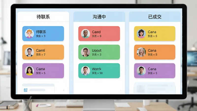 一个整洁的看板界面，分为“待联系”、“沟通中”、“已成交”三列，每列中有代表客户的彩色小卡片，界面风格清爽，以白色和浅蓝色为主，画质细腻，无多余装饰