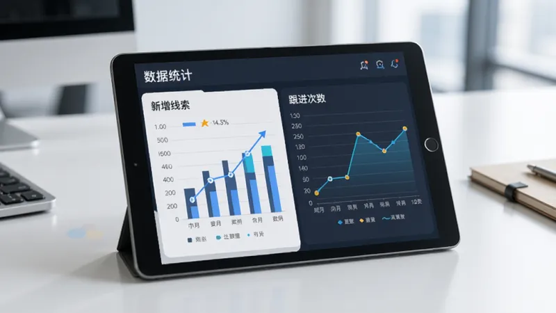 一个平板电脑上展示着数据统计图表，有柱状图和折线图，显示着“新增线索”和“跟进次数”等数据，界面风格现代商务，背景是干净的办公桌面，画质清晰，无杂乱元素