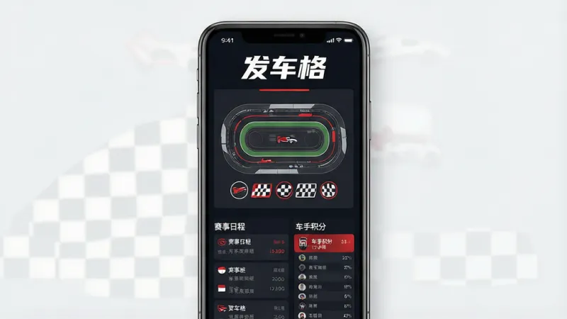 一张简洁现代的赛车信息类手机App界面展示图,画面中央是手机屏幕,屏幕上显示着“发车格”App的主页,页面顶部有醒目的“发车格”文字标识,中间是赛车场赛道俯视图和发车格排列的图标,下方有赛事日程列表和车手积分榜的缩略展示,整体布局清晰,采用深色背景搭配红白配色,风格运动科技感,细节干净无多余元素,画质高清,UI设计扁平化。