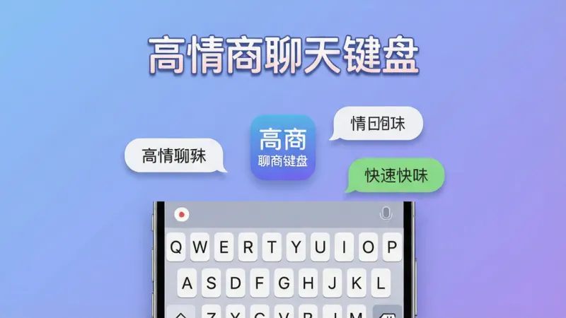 一张手机屏幕特写,画面中央是“高情商聊天键盘”的应用图标和展开的键盘界面,键盘上方悬浮着几个聊天气泡样式的快捷回复模板。布局为上下结构,上方是软件名称“高情商聊天键盘”的艺术字,下方是手机键盘与聊天场景的结合。排版简洁,背景为柔和的蓝紫色渐变。风格为现代扁平化UI设计,细节圆润,带有轻微的阴影和高光。画质清晰,干净,无多余元素。