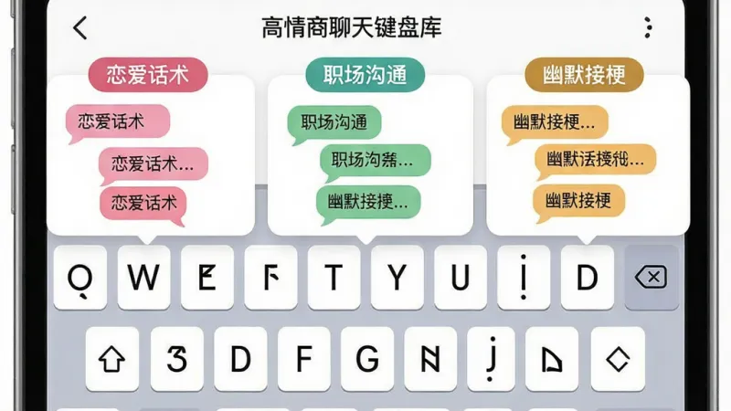 一张展示“高情商聊天键盘”话术库界面的手机截图,画面中键盘上方弹出多个分类标签,如“恋爱话术”、“职场沟通”、“幽默接梗”,每个标签下有三个气泡对话框示例。布局为手机屏幕竖版构图,主体是键盘和话术面板。排版整齐,分类标签用不同颜色区分。风格为清新社交风,色彩活泼。细节上气泡带有小尾巴,文字清晰可读。画质干净,无多余元素。