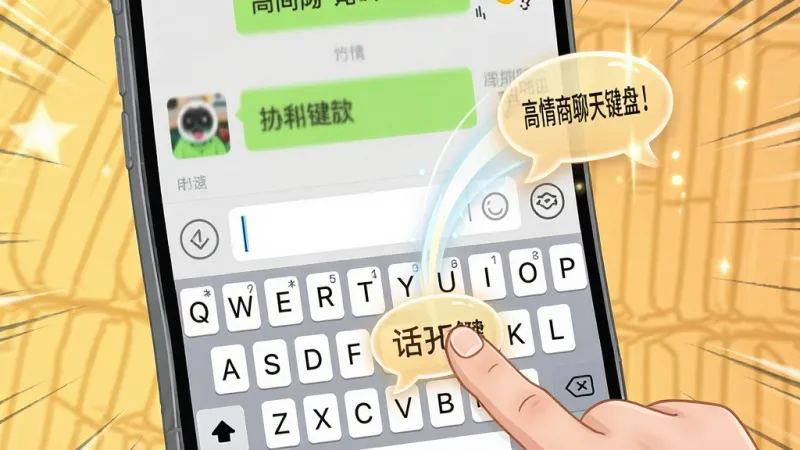 一张展示“高情商聊天键盘”一键发送功能的动图截图,画面中微信聊天界面下方是定制键盘,一根手指正在点击键盘上的话术气泡,气泡飞入上方输入框。布局为手机屏幕竖版,突出手指点击动作和气泡飞入轨迹。排版清晰,主体明确。风格为动态插画风,带有速度线和光效。细节上输入框内有光标闪烁。画质明亮,干净,无多余元素。