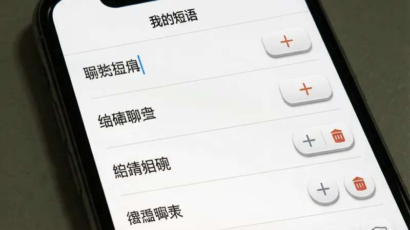 一张展示“高情商聊天键盘”自定义短语编辑界面的手机截图,画面中是一个列表,每一项都可以编辑文字内容,旁边有添加和删除按钮。布局为手机屏幕竖版,顶部标题为“我的短语”。排版为列表式,条目清晰。风格为极简工具风,白色背景,灰色分割线。细节上按钮带有轻微的立体感。画质干净,无多余元素。