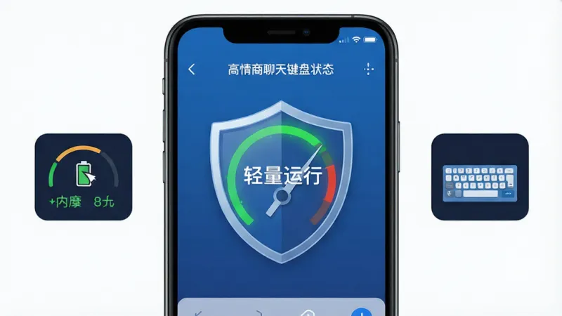 一张展示“高情商聊天键盘”在手机后台运行状态的示意图,画面中是一个手机屏幕,显示电池和内存占用极低的仪表盘图标,旁边是键盘的小图标。布局为手机屏幕竖版,中心是一个盾牌形状的图标,里面写着“轻量运行”。排版简洁。风格为科技感仪表盘风格,蓝色调。细节上指针指向绿色区域。画质清晰,干净,无多余元素。