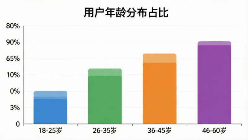 一张柱状图,展示“高情商聊天键盘”用户年龄分布。横轴为年龄段:18-25岁、26-35岁、36-45岁、46-60岁。纵轴为用户占比百分比。柱状图颜色分别为蓝色、绿色、橙色、紫色。图表标题为“用户年龄分布占比”。布局简洁,数据清晰。风格为扁平化信息图。画质干净,无多余元素。