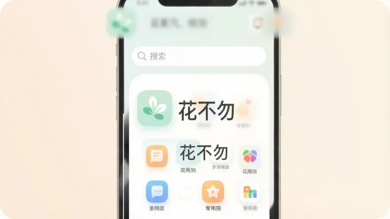 一张展示手机应用主界面的图片，画面中央是应用图标和界面截图，应用名称“花不勿”清晰可见。界面设计简洁清爽，以浅色为主色调，顶部有搜索栏，中间排列着几个常用功能图标。整体风格现代扁平，图标圆润，画质干净清晰，无多余元素，背景是柔和的纯色。