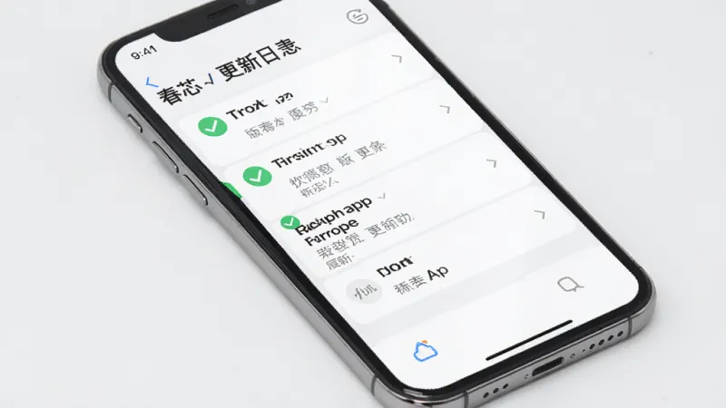 画面展示春芯App的更新日志界面,手机屏幕上显示版本更新记录列表,每条记录前面有绿色对勾图标,背景为浅色,界面排版整齐,风格简洁,画质干净,无多余元素。