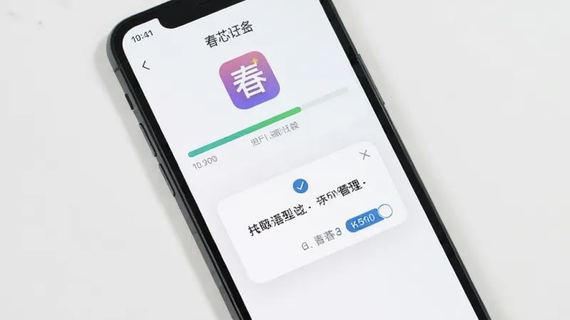 画面展示春芯App在手机上的安装界面,手机屏幕显示安装进度条和权限请求弹窗,界面简洁清晰,背景为浅色,画质干净,无多余元素。