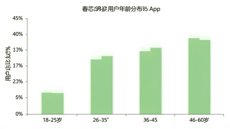 画面展示春芯App用户年龄分布柱状图,横轴为年龄段18-25岁、26-35岁、36-45岁、46-60岁,纵轴为用户占比百分比,柱状图颜色为浅绿色,背景为白色,图表清晰明了,风格简洁现代,画质干净,无多余元素。