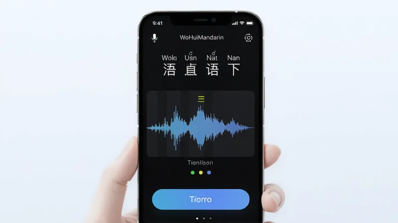 AI生图,画面主体是一个手机屏幕特写,屏幕显示WoHuiMandarin的语音跟读界面,上面有波形对比图和发音评分,布局为顶部是汉字拼音,中间是波形,底部是评分按钮,风格科技感十足,细节带有麦克风图标和声调符号,画质清晰明亮。