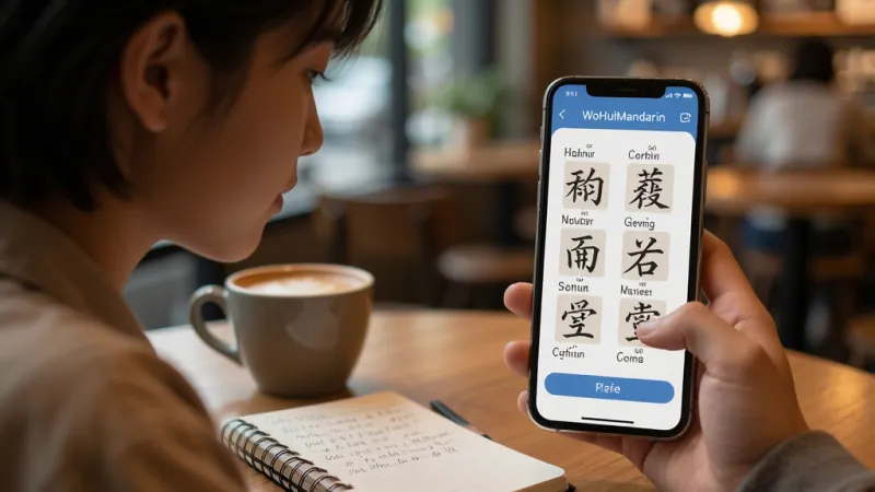 AI生图,画面展示一个年轻人在咖啡厅里用手机学习WoHuiMandarin,手机屏幕显示汉字书写练习和拼音标注,布局为人像在左手机在右,风格生活化写实,细节带有咖啡杯和笔记本,画质温暖柔和。