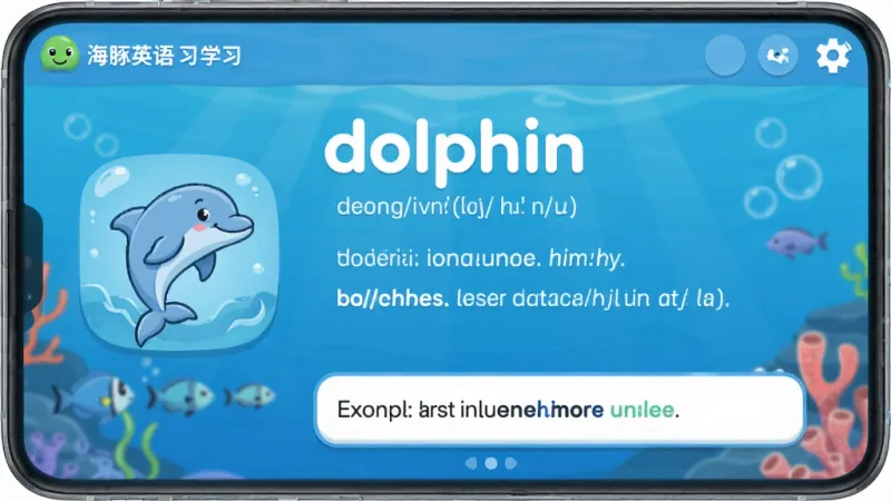 海豚英语 学习界面 单词“dolphin” 显示音标 释义 例句 卡通海豚图标 明亮清晰 布局简洁 画质干净