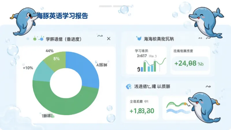 海豚英语 学习报告页面 饼状图显示学习进度 蓝色和绿色为主 简洁数据面板 卡通海豚点缀 画质干净 无多余元素