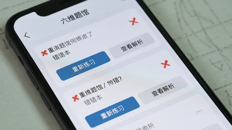 一个手机屏幕特写，显示“六维题馆”的错题本界面，界面中列出了几道错题，每道题旁边有红色的标记，下方有“重新练习”和“查看解析”的按钮，界面风格简洁，背景是浅灰色，画质干净，无多余元素