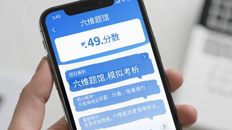 一个手机屏幕展示着“六维题馆”的模拟考试结果页面，页面顶部显示着分数，下方是题目解析列表，解析文字清晰，界面配色以蓝色和白色为主，风格现代扁平，画质干净，无多余元素