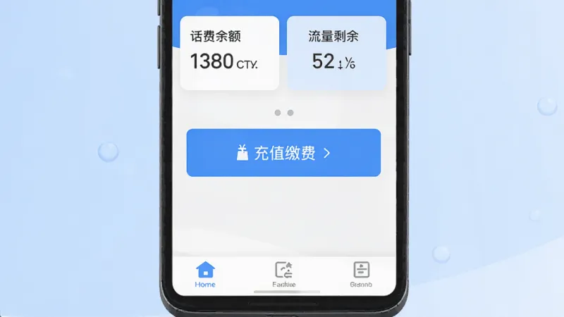 流量话费缴费厅 手机应用主界面 蓝色调 简洁设计 顶部显示话费余额和流量剩余 中间有充值缴费入口 底部三个选项卡 扁平化风格 高清画质 干净无多余元素